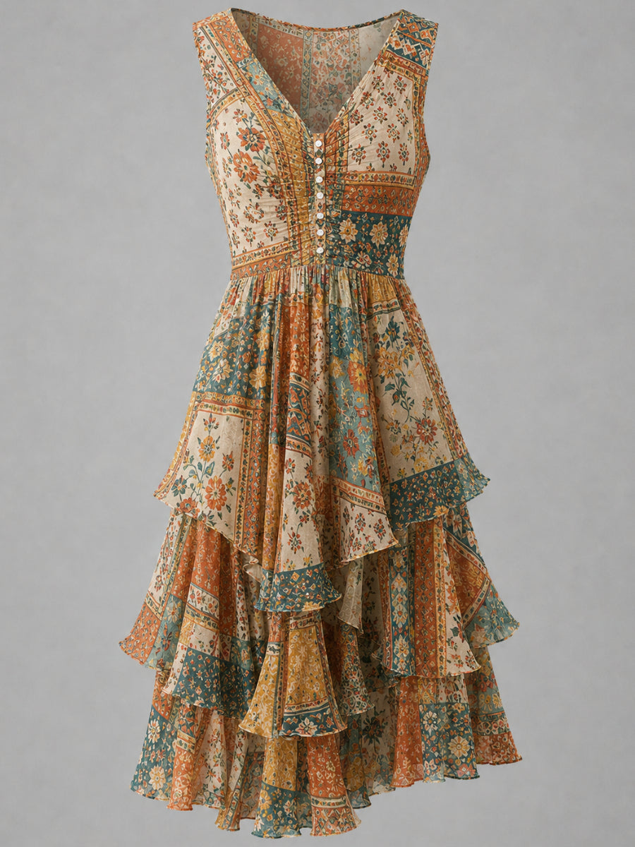 Floral Art Printed Vintage V-Neck Sleeveless Midi Dress